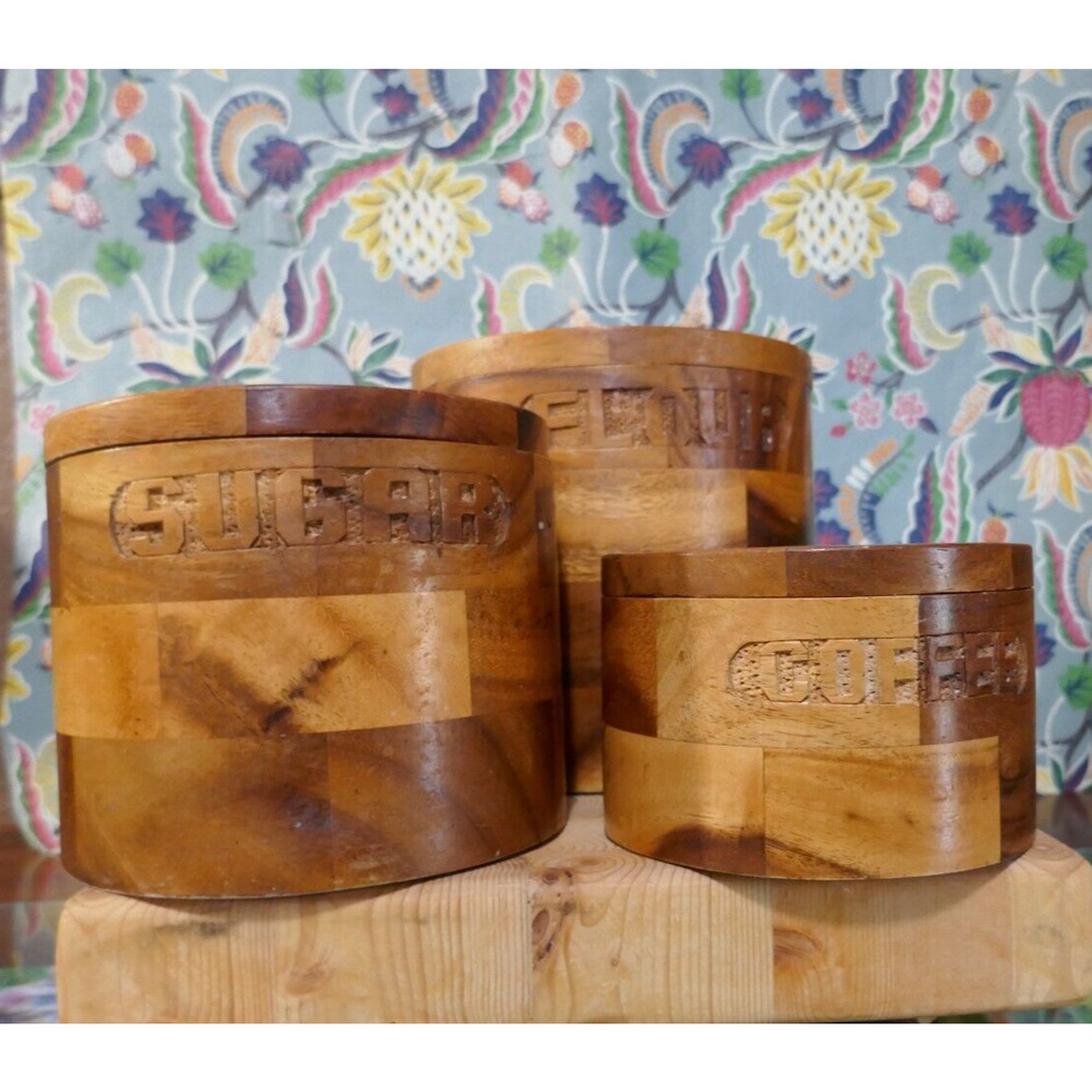 VTG Handturned MCM Wood Canisters Nesting Set of 3 Flour Sugar Coffee